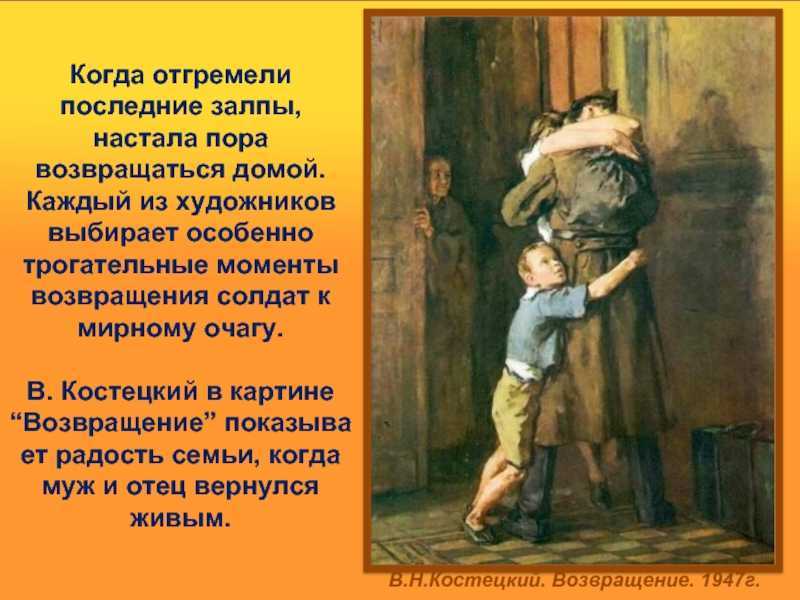 Сочинение-описание картины «возвращение», костецкий (2 варианта - кратко и подробно)