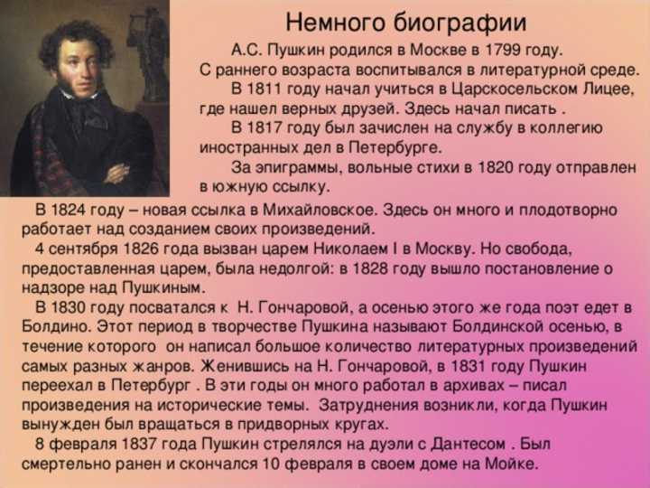 Краткая биография пушкина, интересные для детей факты творчества александра сергеевича, всем классам