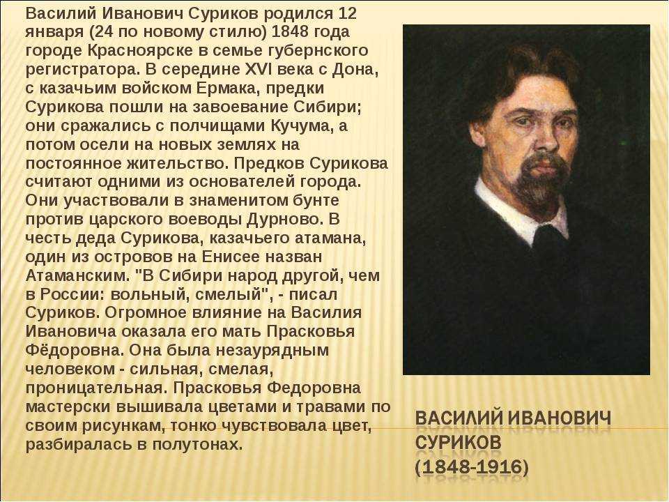 Художник суриков василий иванович: сообщение о знаменитом передвижнике